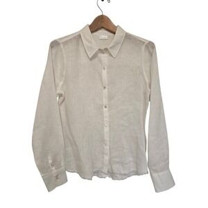 Ecru Womens 100% Linen Button Down Shirt Size Small Solid White Fringe Hem